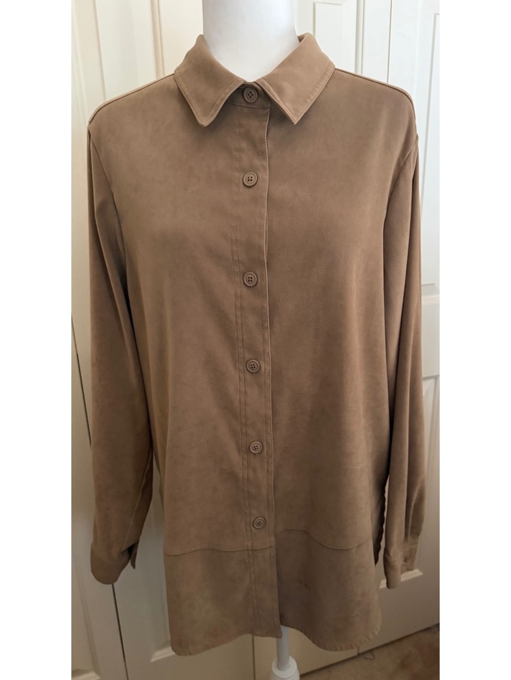 Croft & Barrow Stretch Faux Suede Button Front Shirt Shacket Women’s XL Taupe